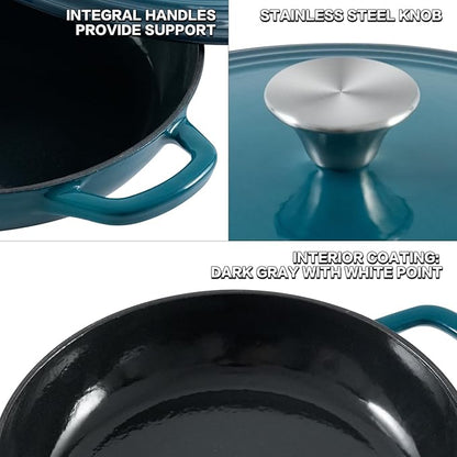 Flavehc Braiser Enameled Cast Iron Braiser 3 QT, Cast Iron Braiser Pan with Lid for Bread Baking, Soup & One Pot Meals, Small Shallow Dutch Oven Casserole for Oven & Induction, DarkCyan