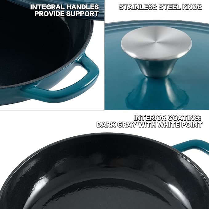 Flavehc Braiser Enameled Cast Iron Braiser 2.25 QT, Cast Iron Braiser Pan with Lid for Bread Baking, Soup & One Pot Meals, Small Shallow Dutch Oven Casserole for Oven & Induction, DarkCyan