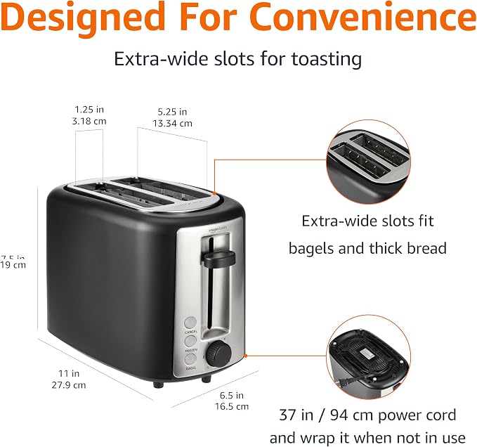 Amazon Basics 2 Slice Toaster, Extra Wide Slots for Bagels, 6 Browning Settings, Removable Crumb Tray, Defrost/Cancel/Bagel Buttons, Cord Wrap, 900W, Black & Silver