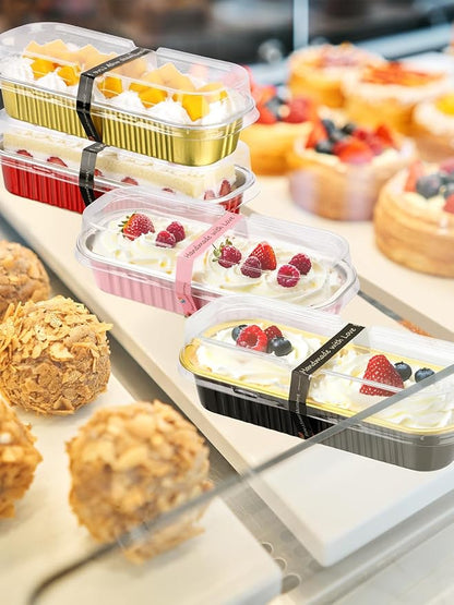 NEEBAKE 150 Pack 6.8 oz Disposable Mini Loaf Pans with Lids and Spoons - 6.5x2.5x1.2 Mixed Color Aluminum Loaf Pans, Small Aluminum Tin Foil Baking Pan, Food Containers for Baking, Cakes, Bread
