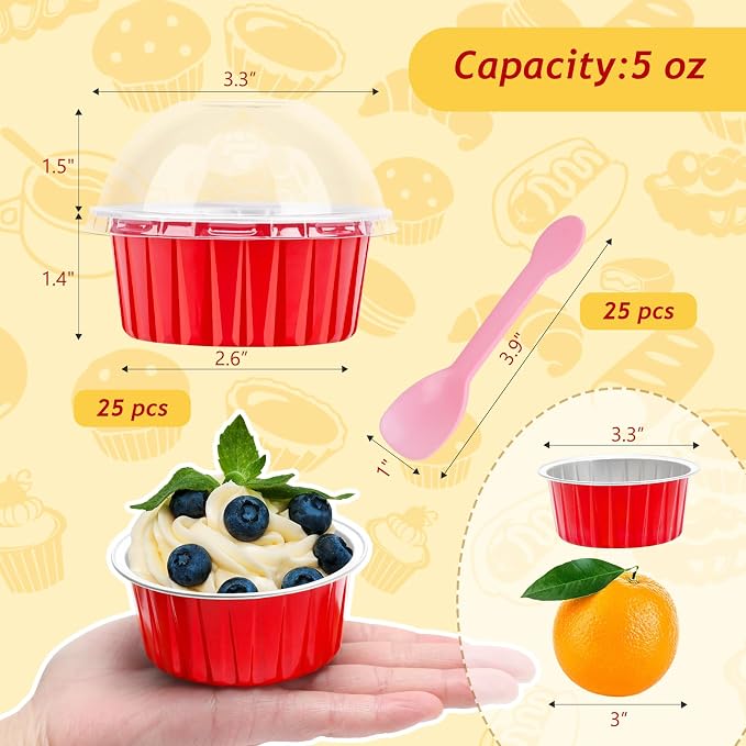 5oz Disposable Cupcake Pans with Lids 25 Pack, Foil Mini Cake Pans Small Muffin Tin, Individual Baking Cups Cupcake Containers Creme Brulee Ramekins Liners for Christmas Baking Gifts-Red