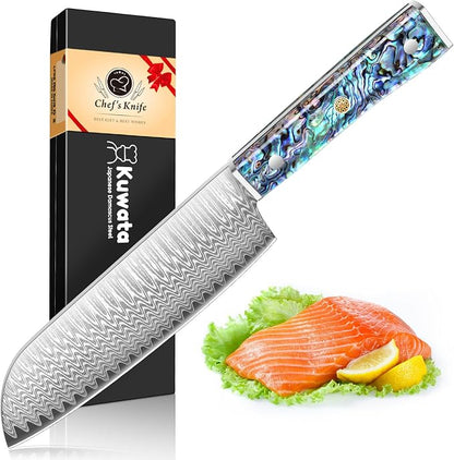 Damascus Santoku Knife, Japanese Knife 10Cr15MOV Blade with Hand Forged Hammer Pattern Chef Knife, Hand forged VG10 steel cooking knife, Ergonomic abalone shell G-10 handle with Gift Box