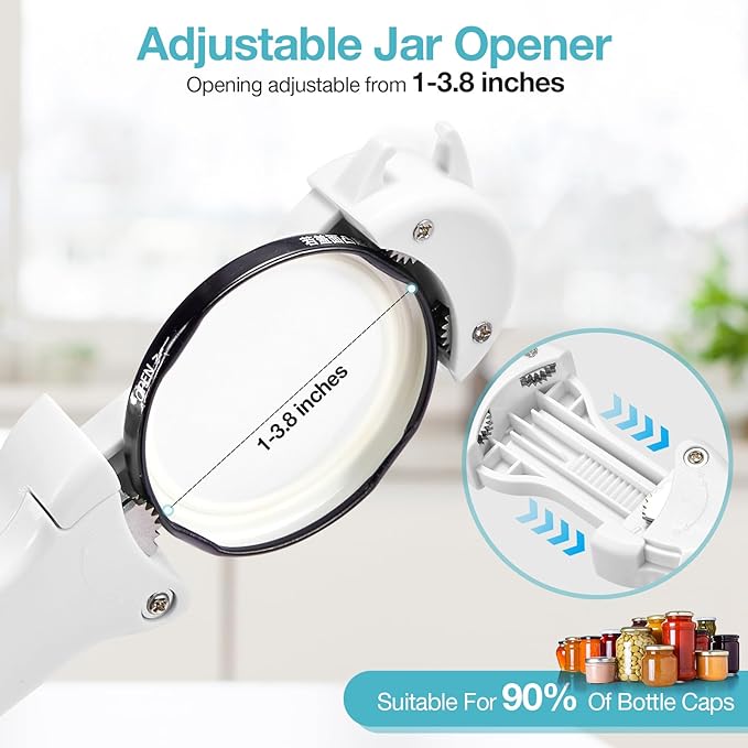 Jar Opener for Seniors with Arthritis, 7 in 1 Bottle Opener and Wine Corkscrew, Easy Grip Kitchen Gadget for Weak Hands Elderly, Retractable Jaw Lid Opener with Magnetic Storage (Off-White)