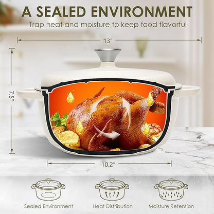 Enameled Cast Iron Dutch Oven Pot With Lid - AIVIKI 5QT Dutch Oven for Bread Baking With Cotton Potholders - Heavy-Duty Cookware for Braising, Stew, Roasting, Oven Safe up to 500°F, Cream White
