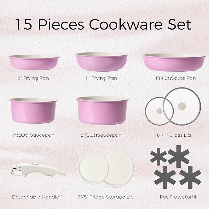 SODAY 15Pcs Pots and Pans Set Non Stick, Cookware Sets with Detachable Handle, Nonstick RV Kitchen Cooking Tools Removable Handles, Oven Safe, Induction Fast, Stackable Induction Cookware,Black