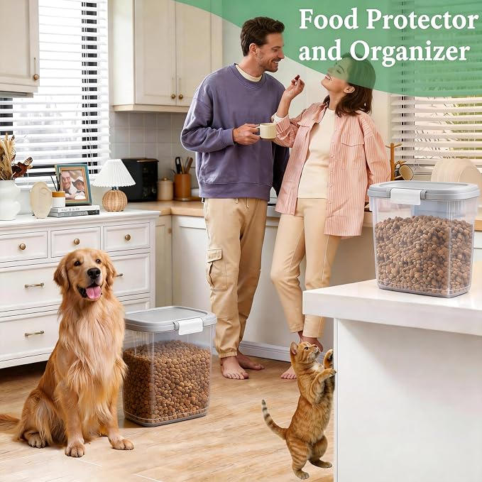 Gray White Airtight Dog Cat Food Storage Container 10 Lbs - Slim Tall Pet Food Treat Container with Lid, Scoop and Cup - Clear Plastic Dry Food Storage Bin for Dogs, Cats, Bird Seeds, Kibble, Pellets