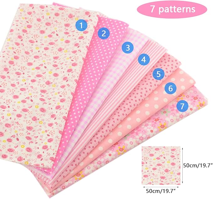 7 Pieces Cotton Fabric Plain Print (20"x20"), Comfortable Patchwork Quilting Fabric, Pretty Flower Pattern Material for Quilting, Artcraft - Pink