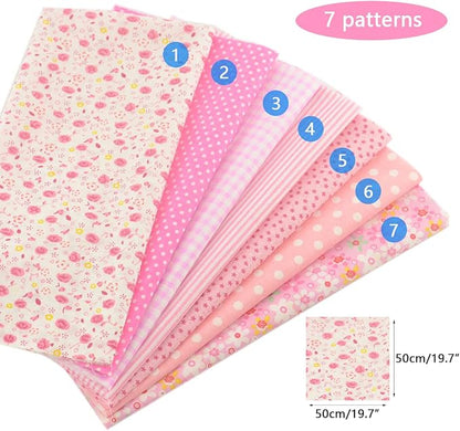 7 Pieces Cotton Fabric Plain Print (20"x20"), Comfortable Patchwork Quilting Fabric, Pretty Flower Pattern Material for Quilting, Artcraft - Pink