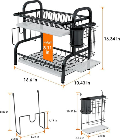Dish Drying Rack, 2-Tier Stainless Steel Dish Rack for Kitchen Counter or Over Sink, Space Saving Organizer with Removable Drainboard,Home and Appartment Decor, Black
