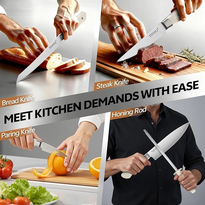 TIVOLI 15 Pieces Knife Set with Block, Forged, High Carbon Stainless Steel Sharp Blade Kitchen Knife Block Set with Ergonomic Wood Handle, Dishwasher Safe Cutlery, Gifts For Cooks, Cream White