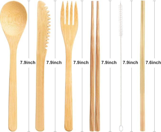 Boao 4 Sets Bamboo Utensils Wooden Utensils Set Japanese Style Reusable Cutlery Travel Chopsticks Fork Spoon Straw Portable Utensil Case for Travel Hiking Picnic Camping Cooking Kitchen(Chic Style)