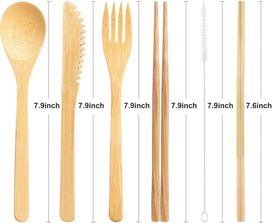 Boao 4 Sets Bamboo Utensils Wooden Utensils Set Japanese Style Reusable Cutlery Travel Chopsticks Fork Spoon Straw Portable Utensil Case for Travel Hiking Picnic Camping Cooking Kitchen(Chic Style)
