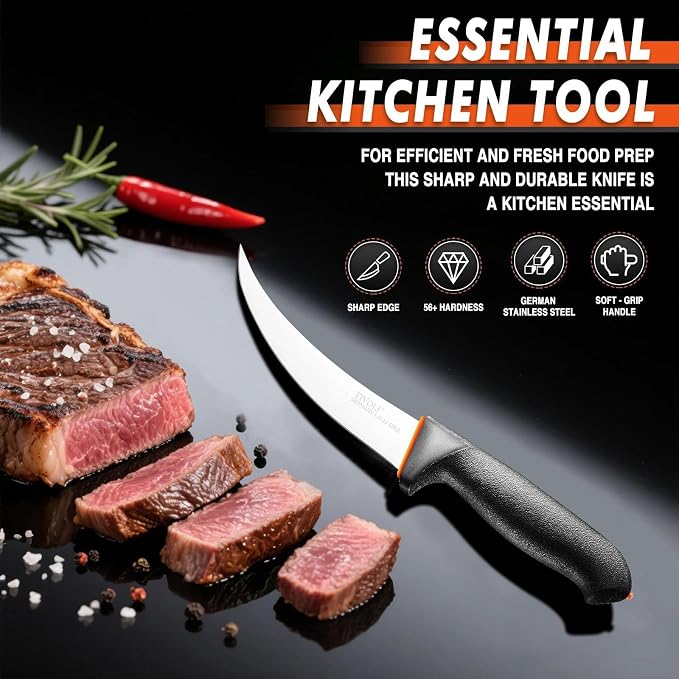 TIVOLI 6 Inch Curved Boning Knife - Butcher Knife with Ergonomic Non-Slip Softgrip & German Stainless Steel Razor Sharp Blade For Meat or Fish Deboning Filleting - Gift for Men Women