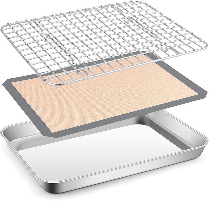Toaster Oven Baking Sheet Set, E-far 10.5”x8.3” Small Stainless Steel Cookie Sheet Pan with Wire Rack & Silicone Mat for Cooking Broiling, Rimmed Metal Tray Roasting Cooling Bacon Steak