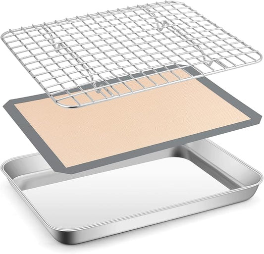 Toaster Oven Baking Sheet Set, E-far 10.5”x8.3” Small Stainless Steel Cookie Sheet Pan with Wire Rack & Silicone Mat for Cooking Broiling, Rimmed Metal Tray Roasting Cooling Bacon Steak