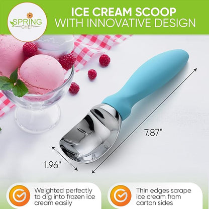 Spring Chef Heavy Duty Premium Ice Cream Scoops with Soft Grip Handle, Metal Ice Cream Scooper for Cookie Dough, Frozen Yogurt, Gelato, Sorbet, Sundae, Melon - Dishwasher Safe - 2 Pack - Aqua Sky