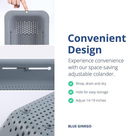 BLUE GINKGO Over the Sink Colander Strainer Basket - Wash Vegetables and Fruits, Drain Cooked Pasta and Dry Dishes - Extendable - New Home Kitchen Essentials (Grey, 2 Pack)