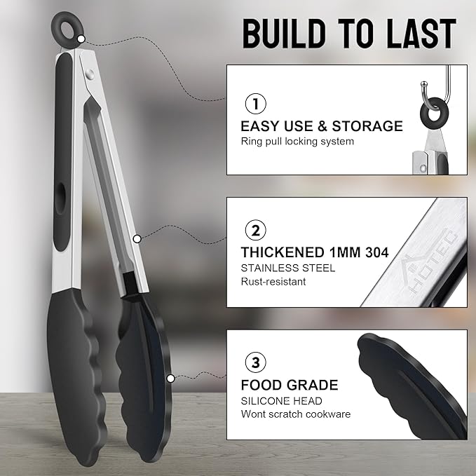 HOTEC Premium Stainless Steel Locking Kitchen Tongs with Silicon Tips, Set of 2-9" and 12"