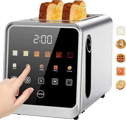 Toaster 2 Slice with Touchscreen, 1.5" Wide Slots & Memory Recall | 900W Stainless Steel Smart Digital Toasters | 6 Shade Settings for Bagels & Thick Bread | Defrost Reheat Single-Slice Mode