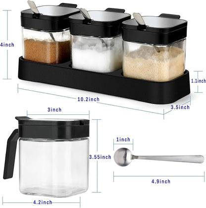 Mlici Condiment Jar Spice Container with Lids and Spoons, 8.6oz Clear Glass Condiment Canisters Pots Seasoning Box Salt Container Sugar Bowl Set of 3 for Kitchen, Containers, Black