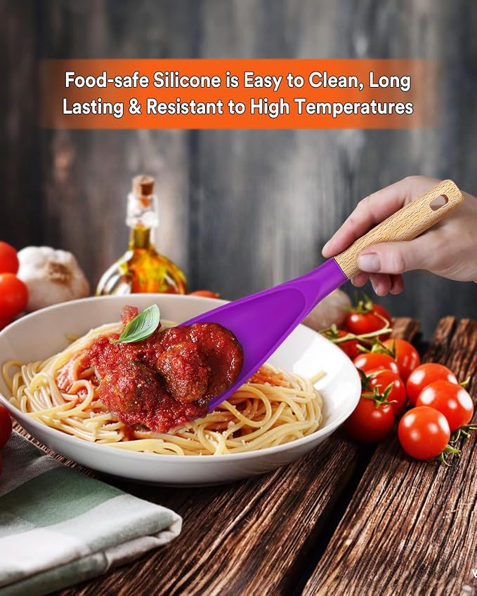 Cooking Spoon for Nonstick Cookwares, Great for Cooking and Serving Sturdy BPA-Free Matte Silicone, Wood Handle Spoon for Mixing, Scoop, and Scrape (BERRY, 11.4 inch)