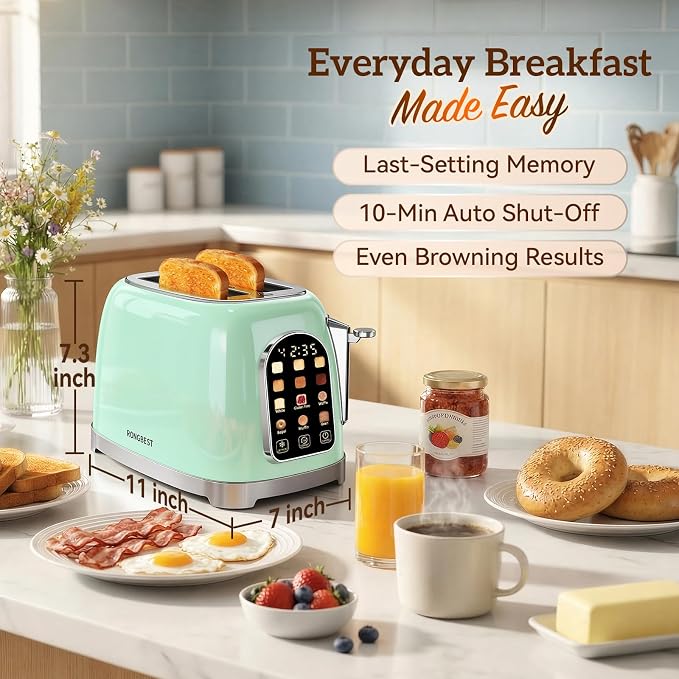 RONGBEST Retro Touch Screen Toaster 2 Slice Wide Slot Stainless Steel with 6 Browning Levels for Breakfast Bagel & Bread, Reheat & Defrost, Removable Crumb Tray, Mint Green