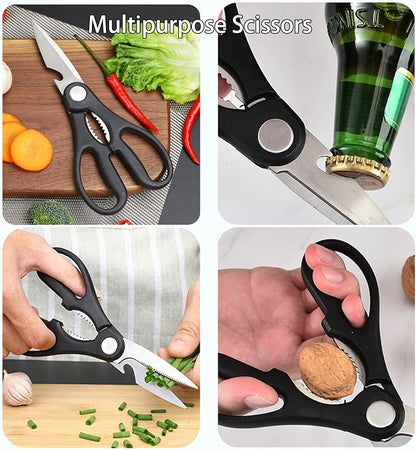 Magicorange 7-Piece Kitchen Knife Set - 5 Black Stainless Steel Knives with Sheaths, Cutting Board, and a Knife Block- Stainless Steel Kitchen Knives with PP Ergonomic Handle (Matte Black)