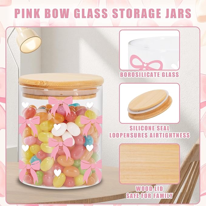 JarThenaAMCS 3 Pcs Pink Bow Glass Storage Jars with Airtight Lid Cute Bow Cherry Floral Decorative Canisters Sets for Valentine's Day Home Kitchen Countertop
