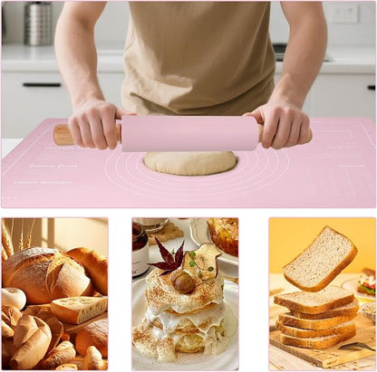 Silicone Rolling Pin for Baking,15inch Pastry Dough Roller with Wooden Handle Non Stick Surface Rolling Pin for Dough Fondant Cookie Pastry Tapered Dumpling Baking Supplies (pink)
