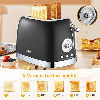 Wiltal Retro Toaster 2 Slice, 1.58" Extra Wide Slot Stainless Steel with Dust Cover and Warming Rack, Glossy Black Finish with Defrost/Reheat/Cancel Functions, Removable Crumb Tray