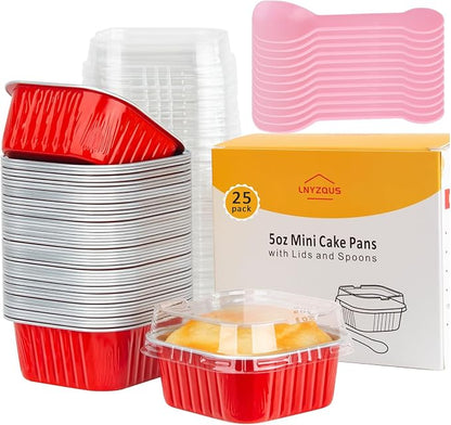 LNYZQUS 5oz Mini Cake Pans with Lids 25 Pack, Foil Muffin Cups for Oven, Disposable Cupcake Containers, Square Individual Baking Tins Small Creme Brulee Ramekins for Christmas Baking Gifts -Red