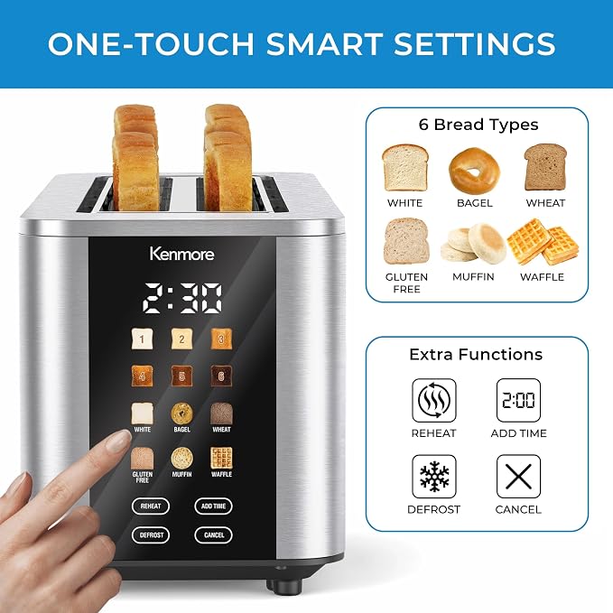 Kenmore 4-Slice Digital Touchscreen Toaster - 1400W Stainless Steel, Wide Slots 6 Shade Settings, Bread Presets, Countdown Timer, Reheat & Defrost Functions Compact Countertop Design tostadora digital