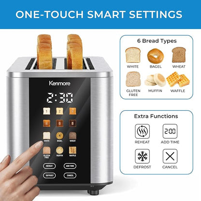 Kenmore 4-Slice Digital Touchscreen Toaster - 1400W Stainless Steel, Wide Slots 6 Shade Settings, Bread Presets, Countdown Timer, Reheat & Defrost Functions Compact Countertop Design tostadora digital