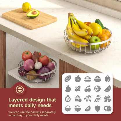 Sevenblue 2 Tier Fruit Basket for Kitchen Counter with 2 Banana Hangers, 2026 Pro Detachable Metal Fruit Bowl with Wooden Handle,Fruit Holder for Bread Snack Veggies, Silvery Extra Large