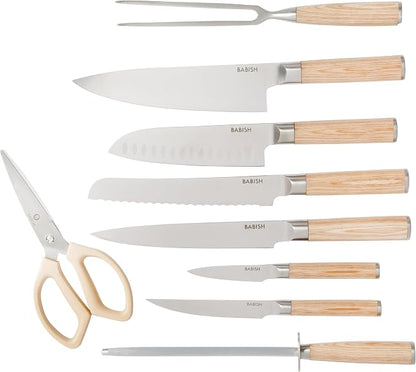 Babish High-Carbon 1.4116 German Steel 15 Piece Full Tang Forged Cutlery Kitchen Knife Block Set - Light Pakka Wood Handle