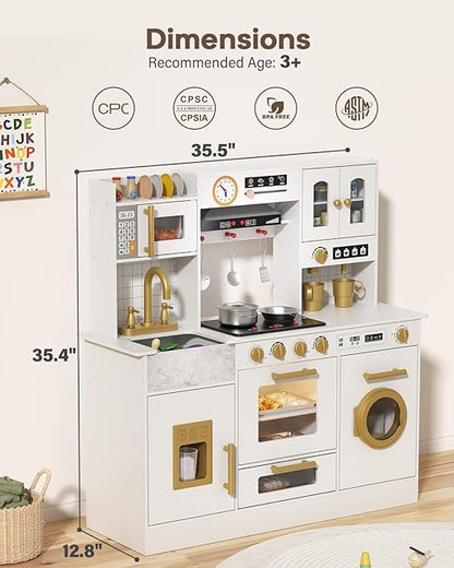 BIERUM Wooden Play Kitchen for Kids Ages 3-8 with Lights & Sounds, Pretend Play Kitchen Set with Stove, Ice Maker, Coffee Maker, Oven & Accessories, Toddler Kitchen Playset for Boys and Girls (White)