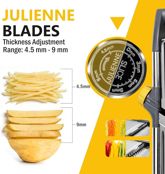 Masthome Adjustable Mandoline Food Slicer, Mandoline Slicer for Kitchen, Stainless Steel Mandolin, Fruit and Vegetable Cutter with Cut-Resistant Gloves and Cleaning Brush-Yellow