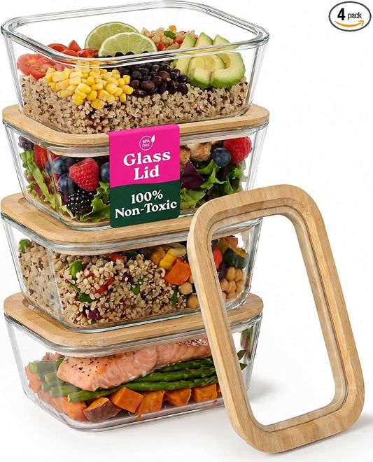 4-Pack Glass Food Storage Containers with Clear-Top Bamboo Lids – Plastic Free 46.7 Oz Glass Meal Prep Containers for Lunch, Eco Friendly Airtight Food Storage, Microwave & Freezer Safe