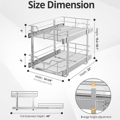 ZOINLIY Pull Out Cabinet Organizer, Versatile Slide Out Kitchen Organizers and Storage,Heavy Duty Drawer Cupboard Storage Basket, Smooth Sliding, Chrome Finish (2-Tiers-14¼''W×22“D)