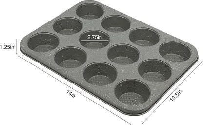 David Burke 12-Cup Muffin Pan, Carbon Steel, PFTE & PFOA Free, Oven Safe, Diamond Textured Surface – Gray Speckle