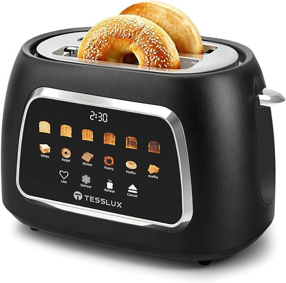 Tesslux 2 Slice Toaster with Touch Screen Control, 1.5" Wide Long Slots, 6 Browning Levels & 6 Bread Types, Digital Timer, Memory, Defrost, Reheat (Black, 2 Slice)
