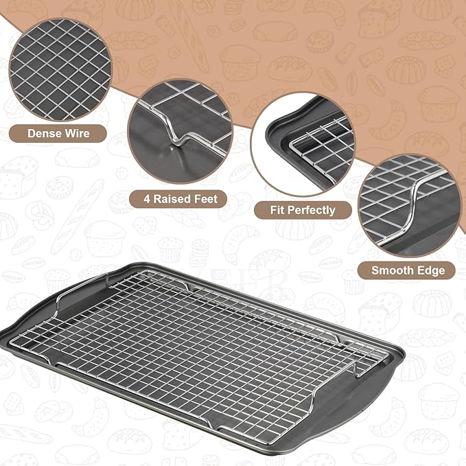 Baking Sheet with Rack Set, Carbon Steel Cookie Sheets for Baking, Multipurpose Cooking Sheet Pan, Cooling Rack, Nonstick Baking Pans, Dishwasher Safe, Size 17 x 12 x 0.8 Inches