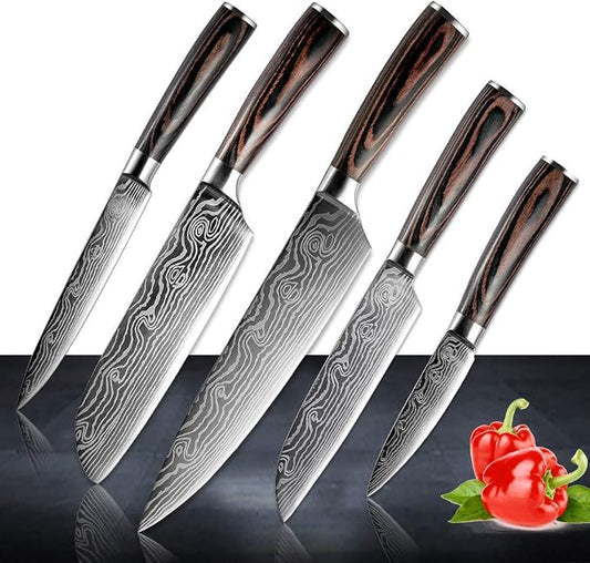 Damascus Chef Knife Set. Professional Japanese High Carbon Steel. 7Cr17mov Blade. Ergonomic comfort Woden Handle. 5 Pieces Set