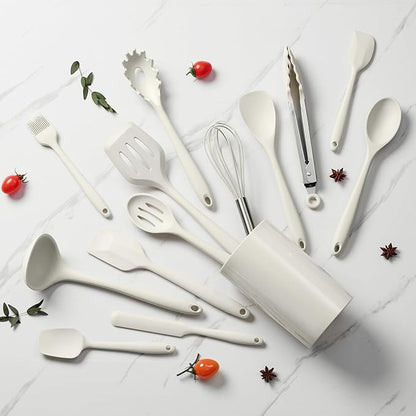 LIANYU 14 Pcs Kitchen Utensils Set with Holder, Silicone Cooking Utensils Spatula Set, Heat Resistant Cookware Tools Includes Spoon Turner Whisk Tong, Dishwasher safe, Cream White