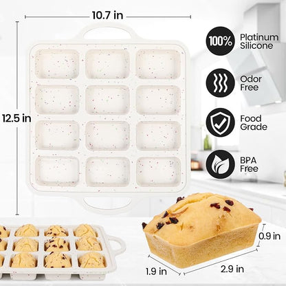 CAKETIME Silicone Mini Loaf Pan with Metal Frame, Silicone Mini Bread Loaf Pans 12 Cups for Baking Bread, Brownie, Cornbread, Cheesecake, Soap Nonstick (2 Pack)