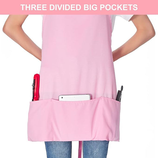 Jubatus 2 Pack 3 Pockets Adjustable Bib Apron Chef Kitchen Cooking Aprons for Women Men, Pink