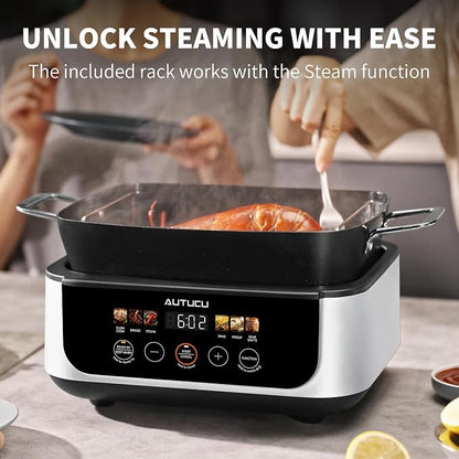 Slow Cooker 7-Quart Programmable Multi-Cooker PFOA-Free Ceramic Coating, Warm, Sear sauté, Steamer Function for Family Gatherings (Includes Silicone Spoon) White