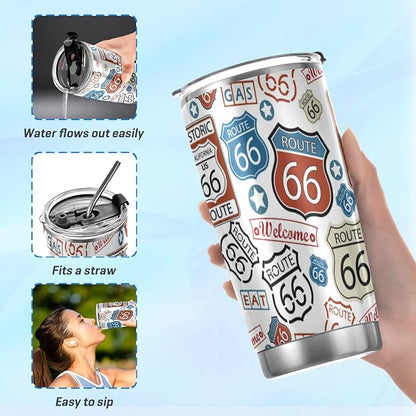 Tumbler Route 66 Cute Insulated Coffee Cup Beverage Container Travel Mug with Straw and Lid Double Wall Stainless Steel 20oz Holiday Gift