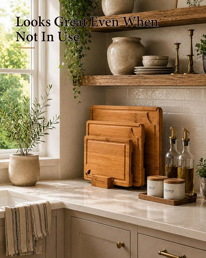 Cutting Boards for Kitchen, Bamboo Cutting Board Set of 3 with Storage Stand, Deep Carbonized Chopping Boards with Deep Juice Grooves and Side Handles for Meat, Vegetables, Fruit and Meal Prep