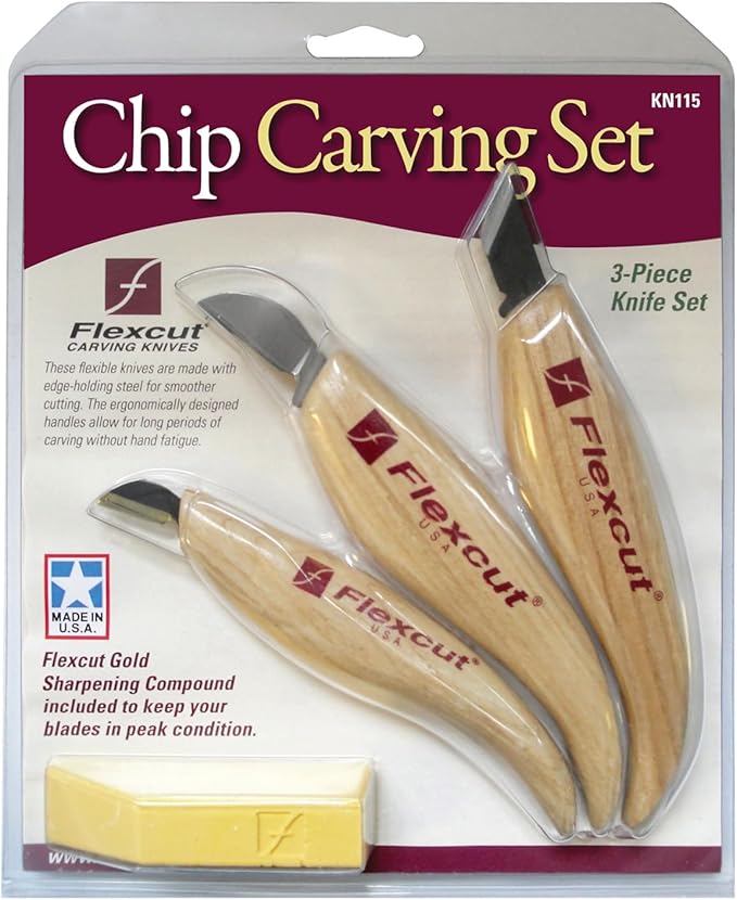 FLEXCUT Wood Carving Knives | Chip Carving Set | 1095 High Carbon Steel Blades | Ergonomic Ashwood Handle | Set of 3 Woodcarving Tools | KN115 | Made in the U.S.A.